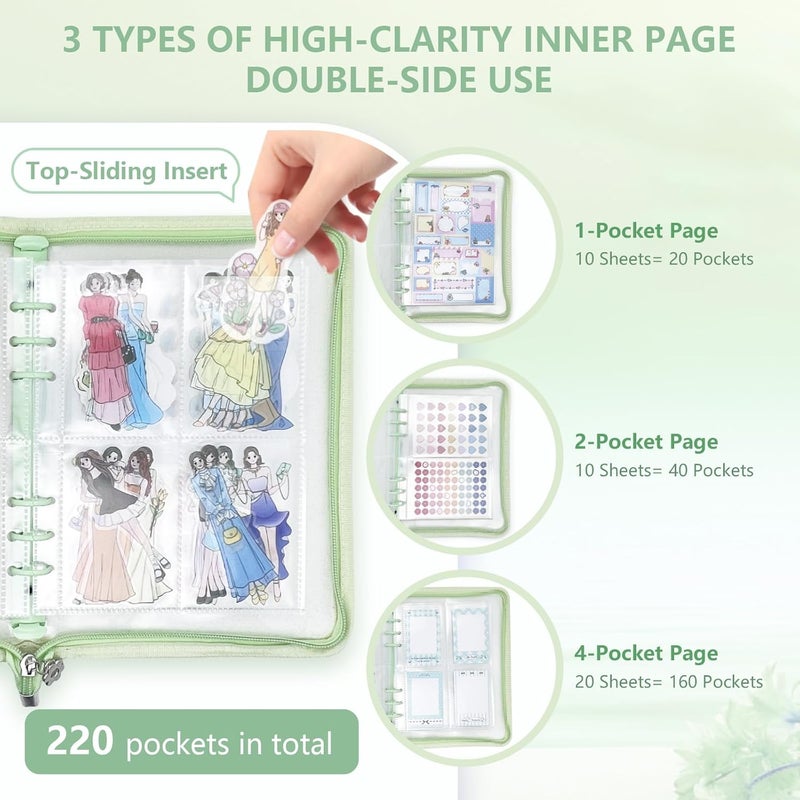 NOCAFI Sticker Organizer Binder Storage Book A5 Reusable Sticker Book Collecting Holder Display Album with 220 Pockets and Zipper Closure (Green) - Image 3